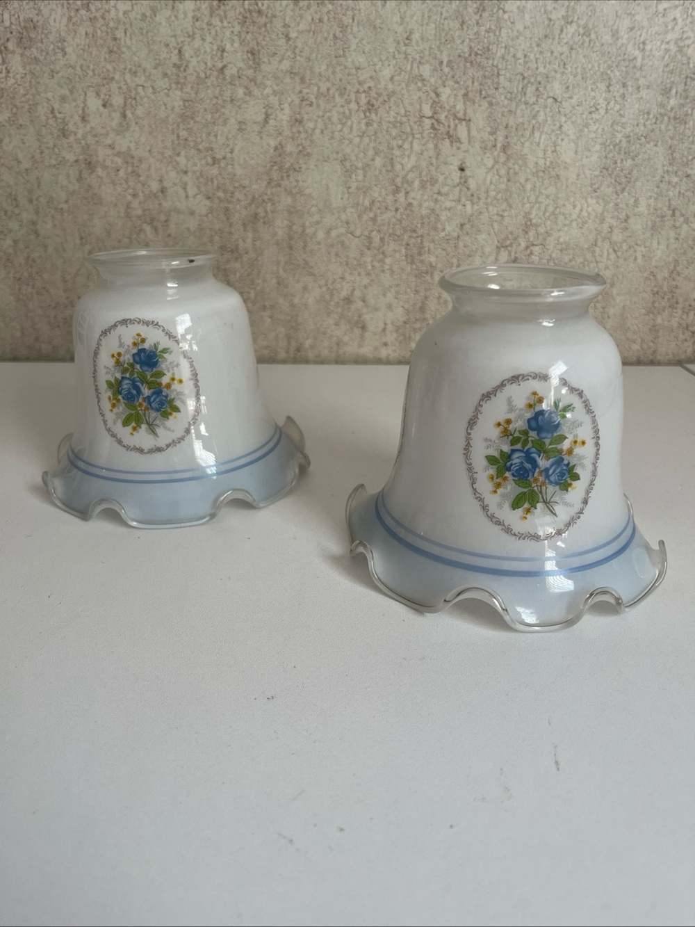 Vintage Colonial Blue Mill Glass Ceiling Fan Globe Ruffled Edge Floral Set of 2